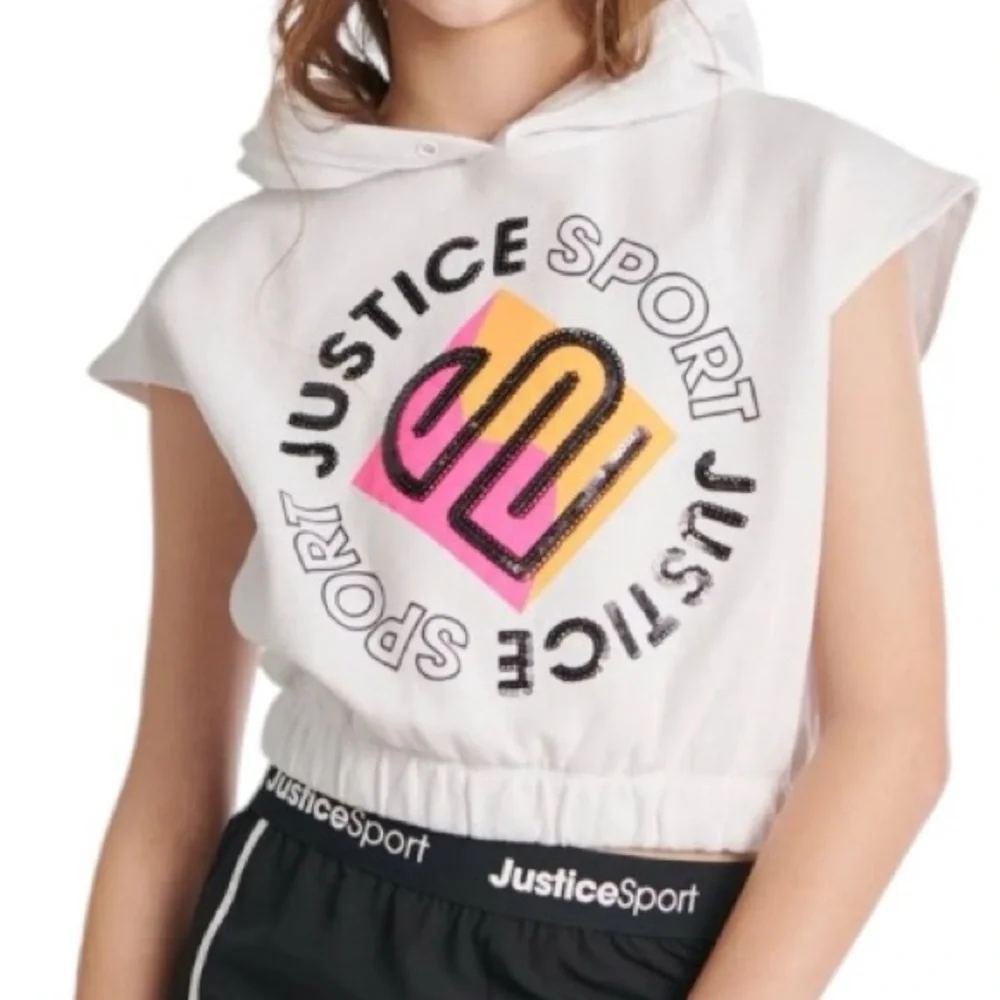 Justice Sport Girls White Short Sleeve Pullover Graphic Hoodie - NWOT
